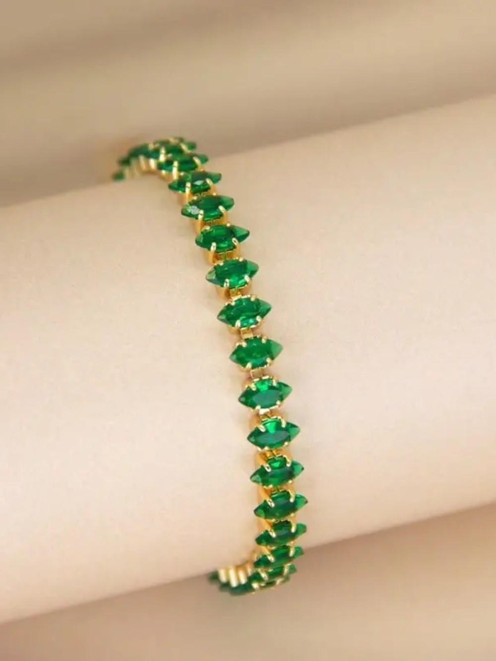 Gold Tone Emerald Green Marquise Cut Tennis Bracelet Stainless Steel
